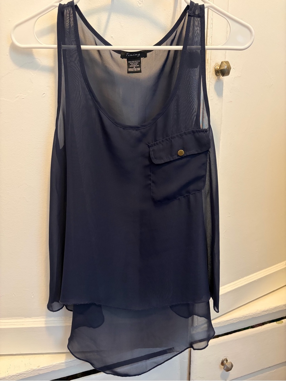 Timing Navy Sheer High-Low Pocket Tank Top